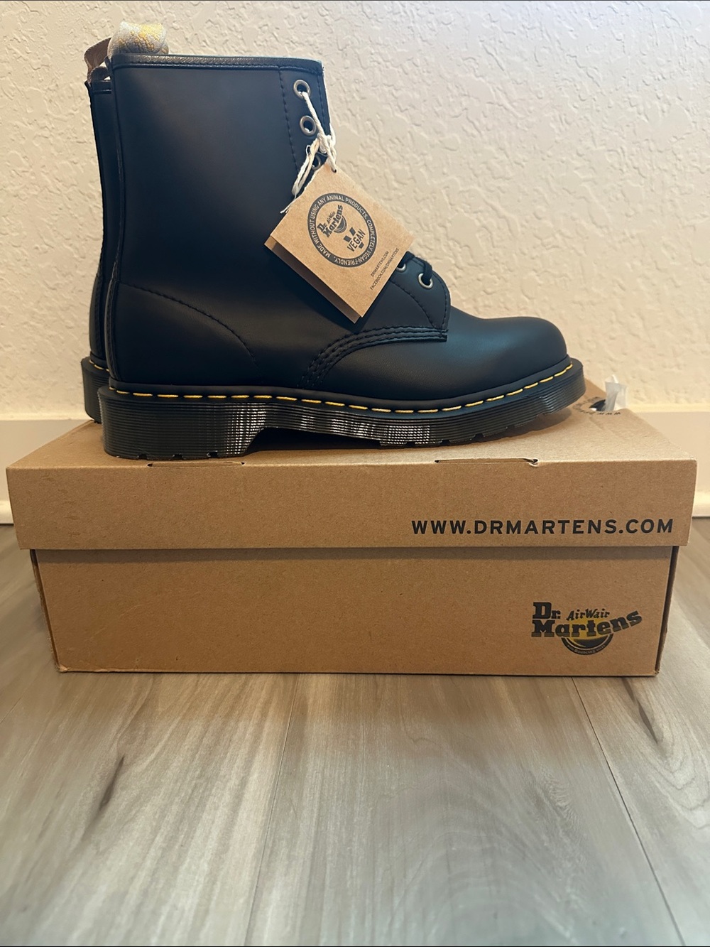 Dr. Martens AIRWAIR Black Vegan Leather Boots with Yellow Stitching